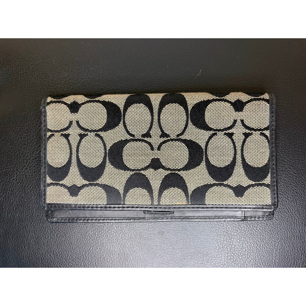 Coach Signature Jacquard Checkbook Cover Black Gray Canvas Leather Trim Wallet